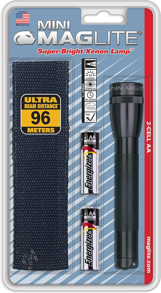 Maglite Mini Incandescent 2-Cell AA Flashlight with Holster, Black